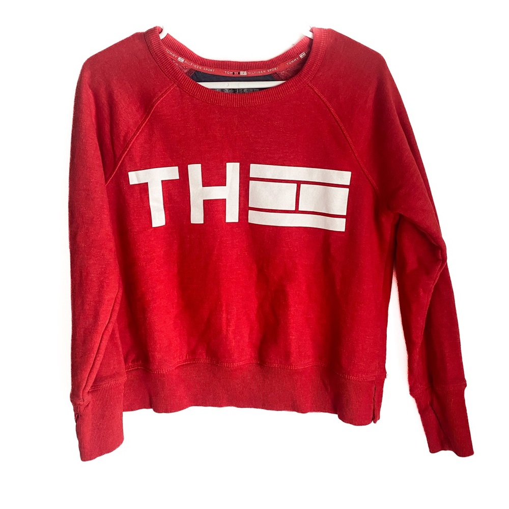 Tommy Hilfiger Women’s Sport Pullover Sweater Size S Petite Red/White Thumbholes